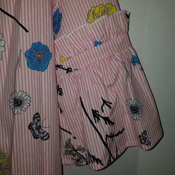 SILENT CHAOS Pink White Stripped Blouse with Blue, Yellow & Black Flowers MEDIUM - Picture 3 of 10